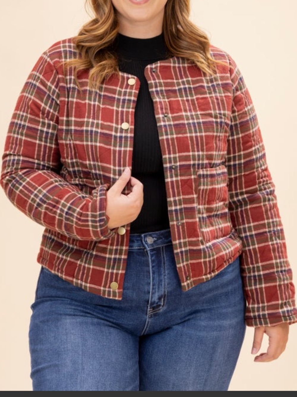 Hem & Thread Size Large Quilted Plaid Snap-Front Jacket - Burgundy NWOT